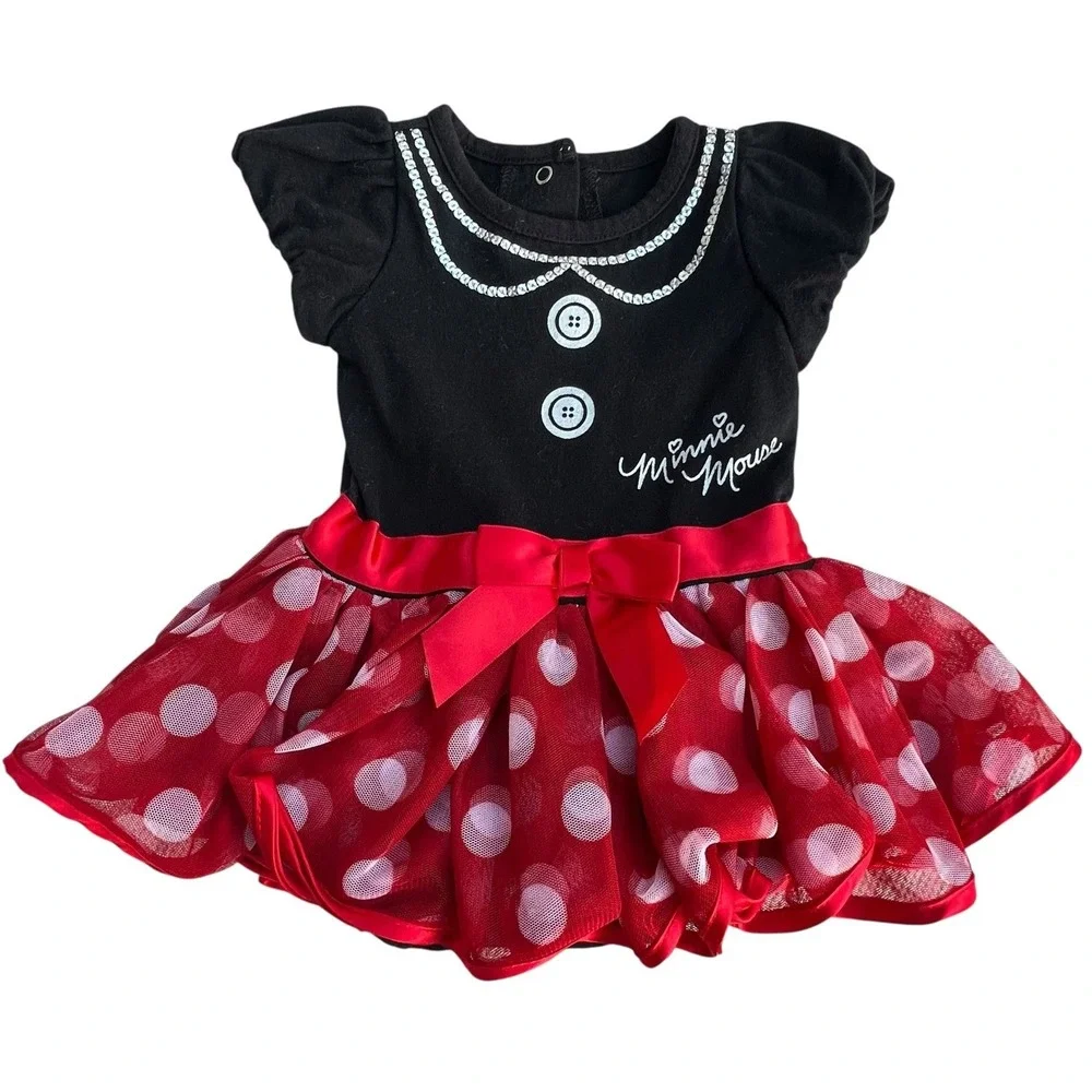 Disney Baby Dress Newborn 3 months Minnie Mouse Red Black Sequins Bow Snaps